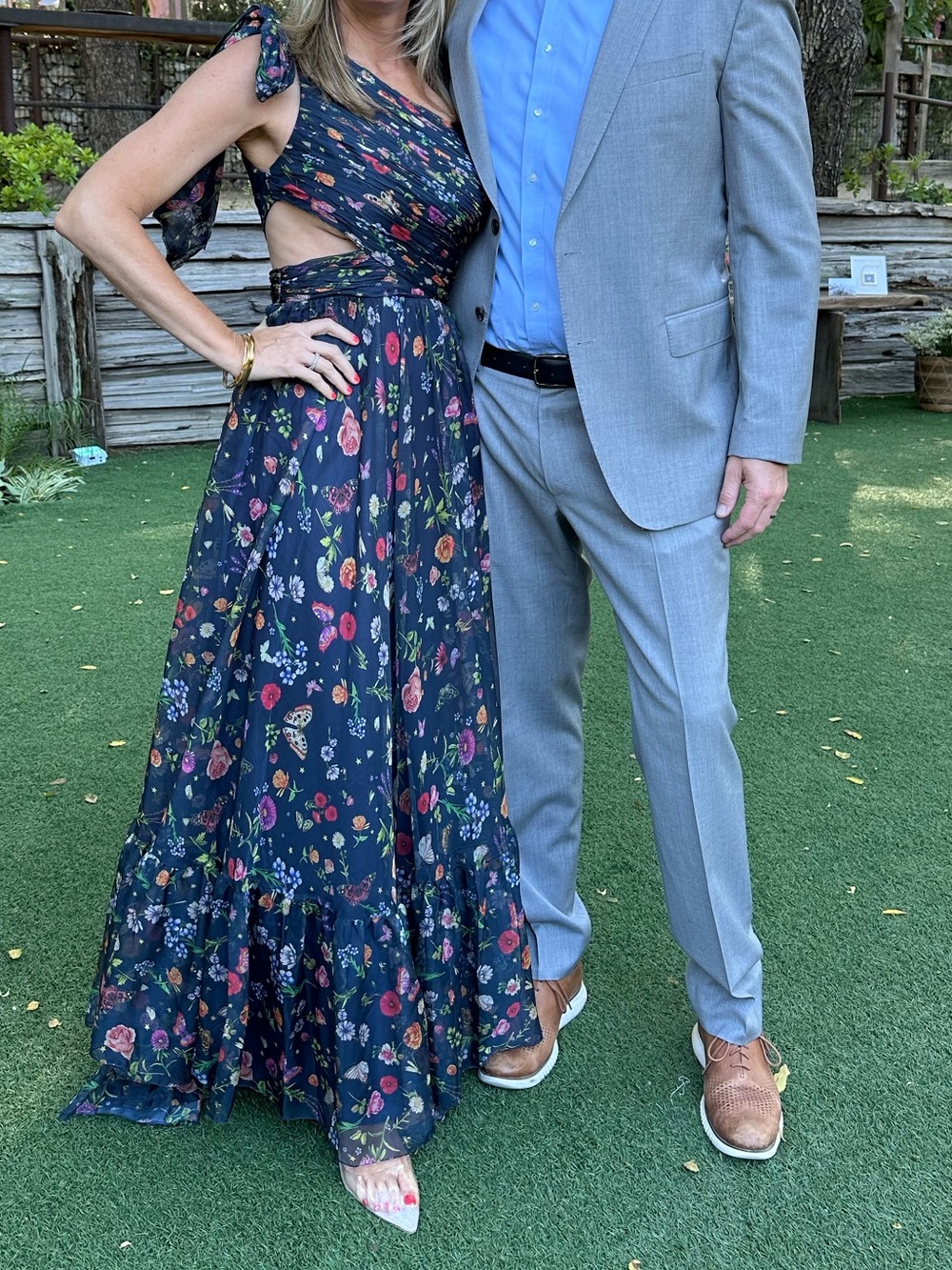 Mac Duggal Navy Floral One-Shoulder Cutout Maxi Dress